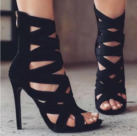 Fashion Elastic Cross Strap Open Toe Women Boots Stiletto Heel Back Zipper Gladiator Style Sandal Boots 2025 Summer Novelty Fashion Shoe