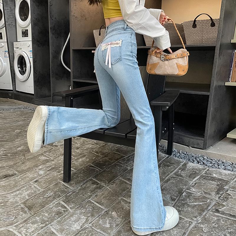 Women s High Waist Bell Bottom Flare Jeans with Lace Patchwork XS