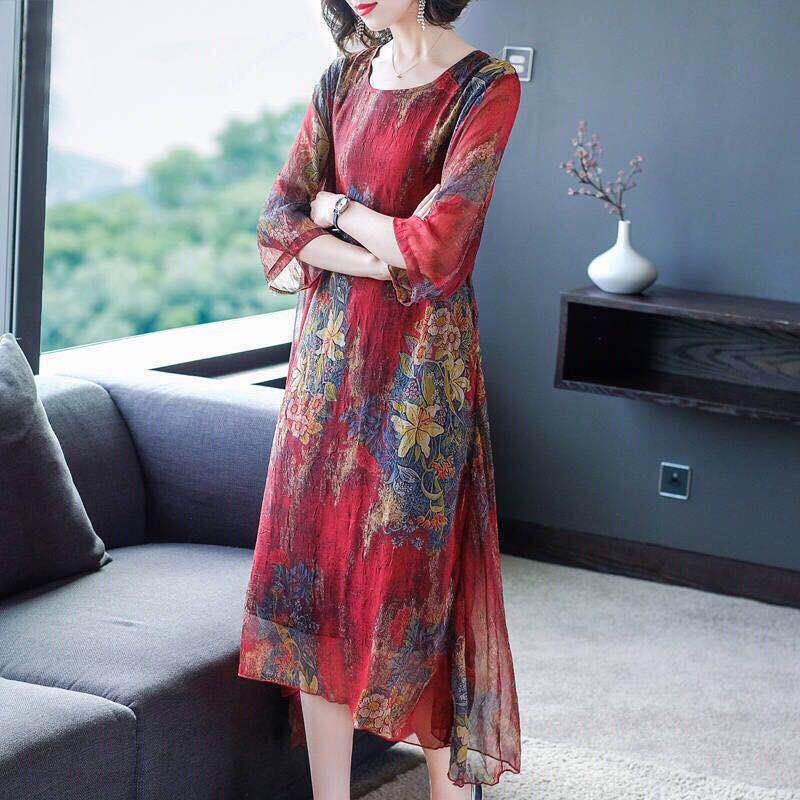 Women's Summer Dress with Belly Covering and Slimming Print Dress, Elegant Long Skirt for Middle-aged and Elderly Plus Size Temperament
