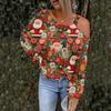 Women's Hollowed Out Fashionable Casual Floral Print Off Shoulder Hoodie Top Christmas