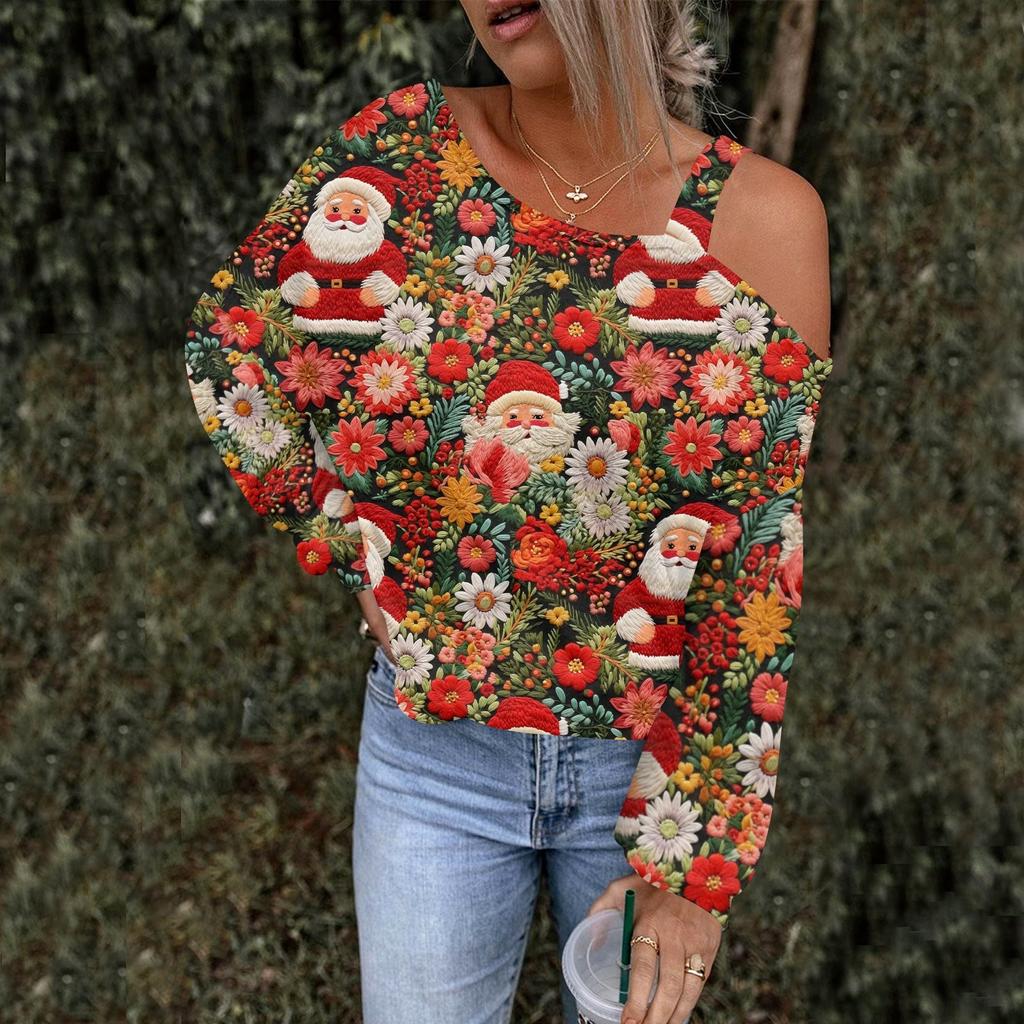 Women's Hollowed Out Fashionable Casual Floral Print Off Shoulder Hoodie Top Christmas