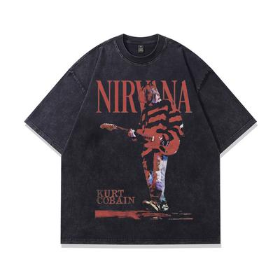 American Retro Washed Old High Street Heavy Vintage Short Sleeve Loose Trendy Band Rock T-Shirt Men
