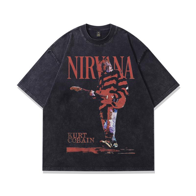 American Retro Washed Old High Street Heavy Vintage Short Sleeve Loose Trendy Band Rock T-Shirt Men