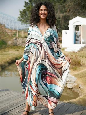 Copricostume da bagno caftano bianco stampato taglie forti per donna 2024 Copricostume da spiaggia casual allentato estivo Q1628
