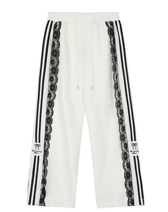 Damskie spodnie cargo Y2K Sweet Wide Leg Elastic Waist Drawstring Baggy Cargo Vintage Street Lace Striped Print Black Casual Trousers
