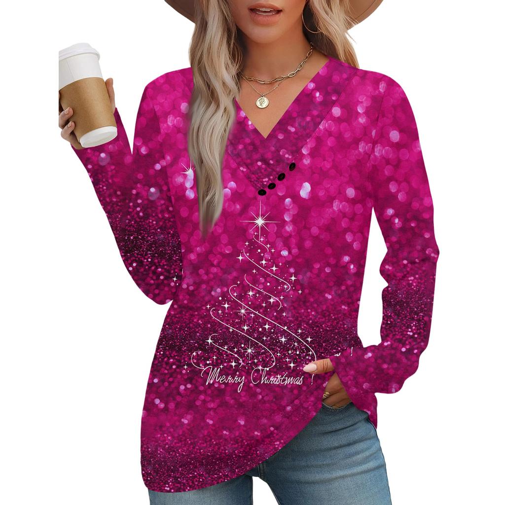 Dámský módní ležérní top s véčkovým výstřihem, plisovaný, vánoční, s dlouhým rukávem