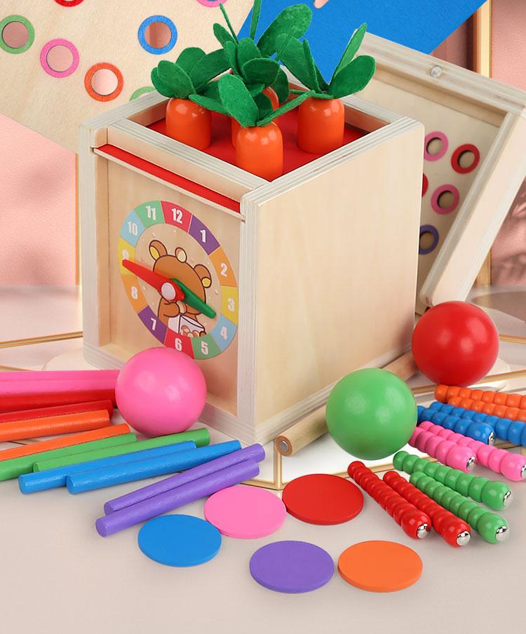 6-in-1 Wooden Montessori Toy Play Kit Object Permanence Box Play Set with Coin Box Carrot Harvest Shape Sorter Ball Drop Toy