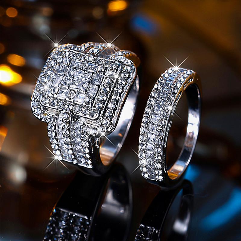 Luxury Female White Zircon Stone Ring Set Trendy Silver Color Engagement Cute Bride Wedding  Gift For Women