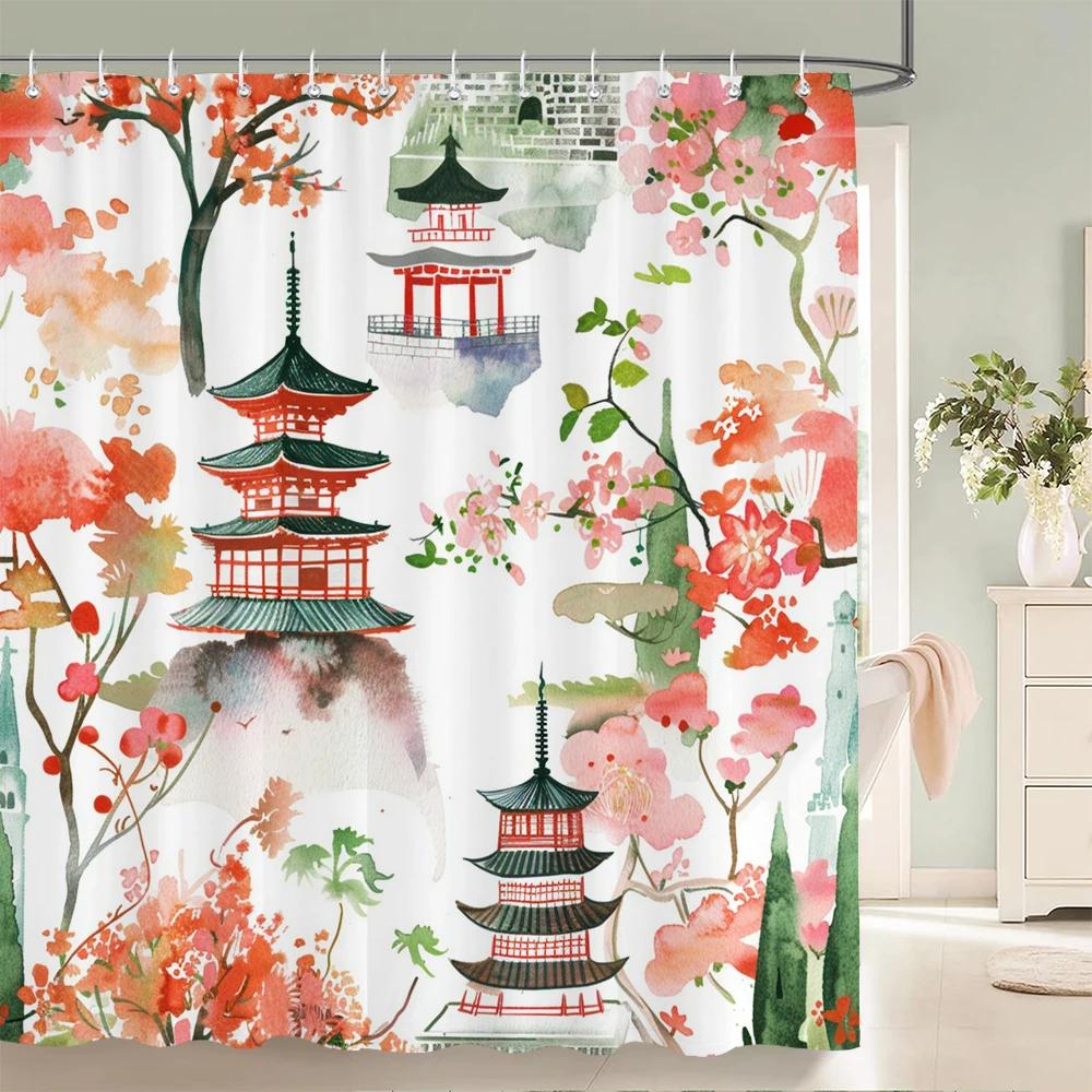 Japanischer Stil Blumen Vogel Duschvorhang Abstrakt Berg Rot Floral Pflanze Tuschekunst Landschaft Stoff Dekor Badezimmervorhänge