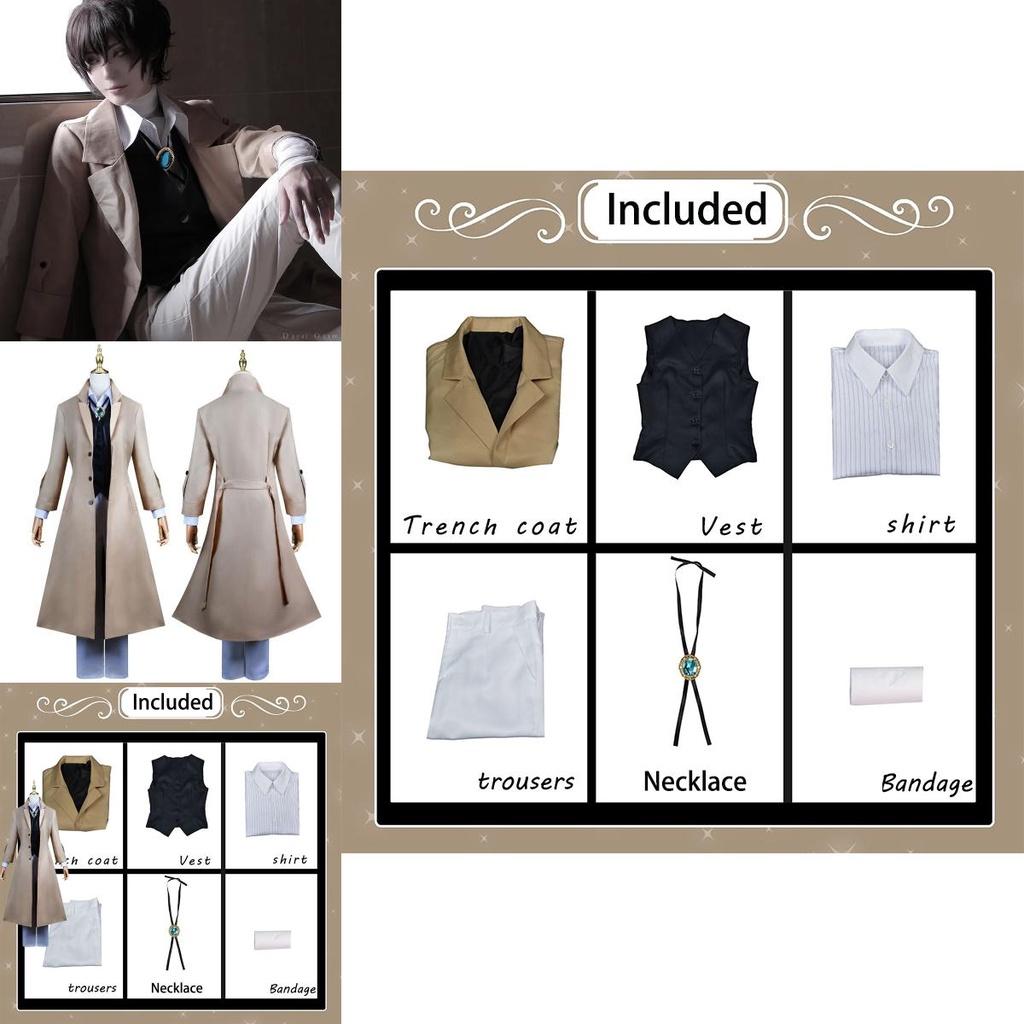 Luksusowy Kostium Cosplay Dazai Osamu Peruka Płaszcz Bungo Stray Dog Halloween Karnawał