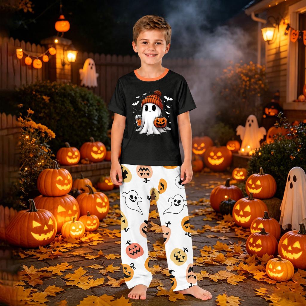 Family Matching Halloween Printed Loungewear Set with Short Sleeve Top and Pants