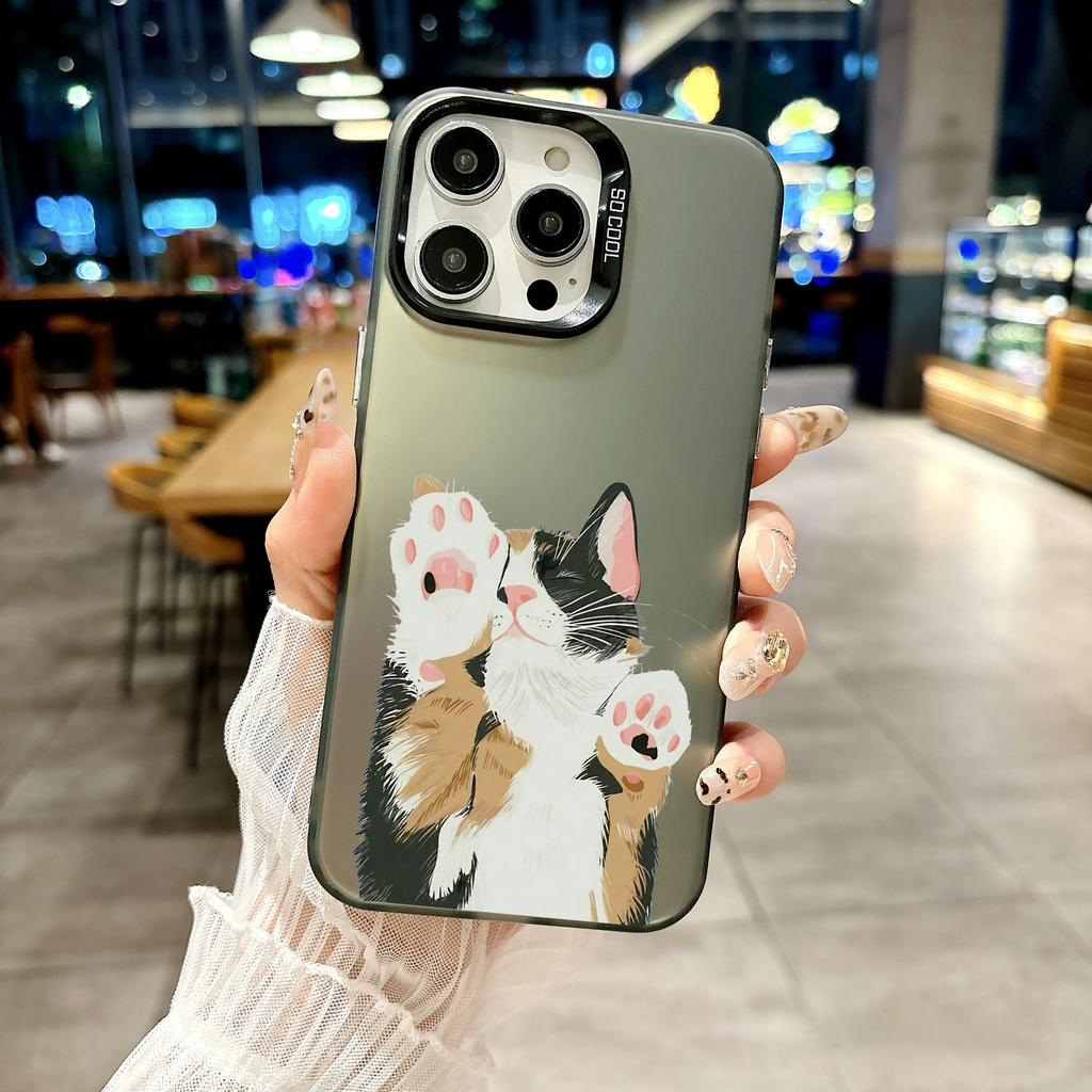 Color Phone Case For iPhone 17 16E 16 11 15 14 Pro MAX 12 13 MINI 7 8 Plus XR SE Silver Plated IMD Cover Lovely Cat Playing Fun