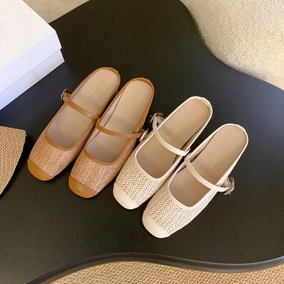 Grape Mother Summer Retro Woven Hollow Square Head Word with Thick Heel Sandals Muller Half Slippers Women's Wear