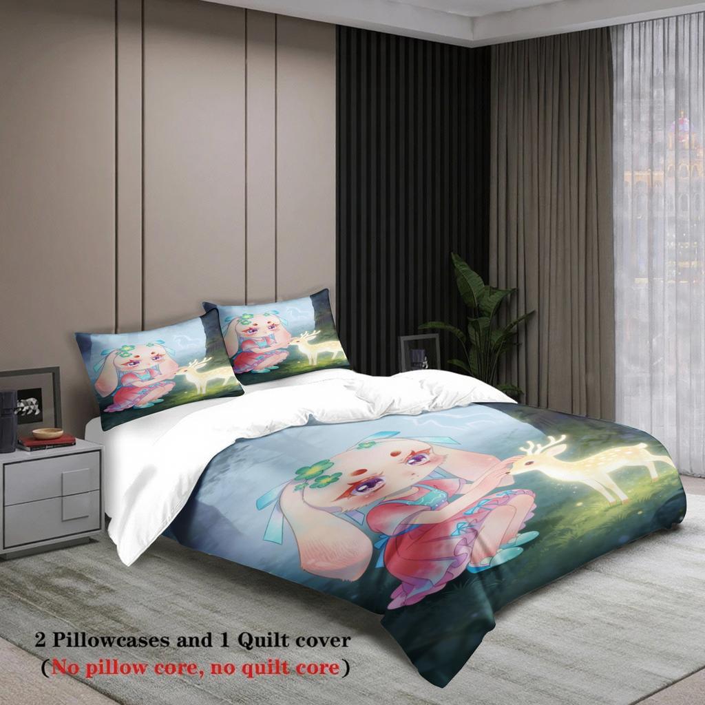 Softville Cozy Town 3PCS Bedding Sets Lop Rabbit Playing With Rabbit Pint Duvet Cover No Filling Cartoon Style Queen King Size