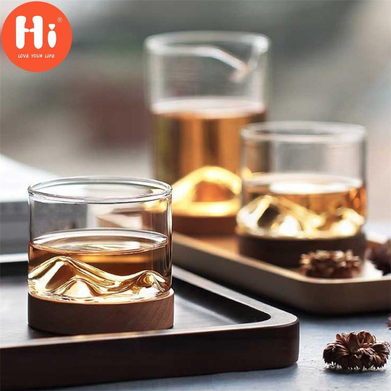 Hi 120ML Transparent Mountain Whiskey Glass with Wooden Base Heat Resistant Beer Glass Wine Water Tea Cup Set Bar Drinkware