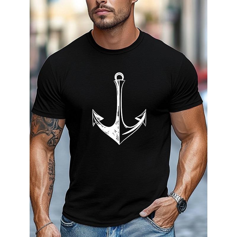 European Size Plus Size Men's T-Shirt, Simple and Stylish, Casual and Relaxed, Men's White Anchor Pattern Summer Casual Crew Neck Short Sleeve T-Shirt