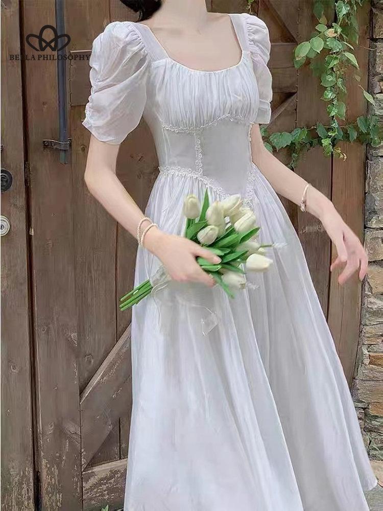 Französischer Stil Elegantes Midikleid Frau Kausal Kurzarm Feenkleid Vintage Abend Partykleid Urlaub Strand Sommer Chic