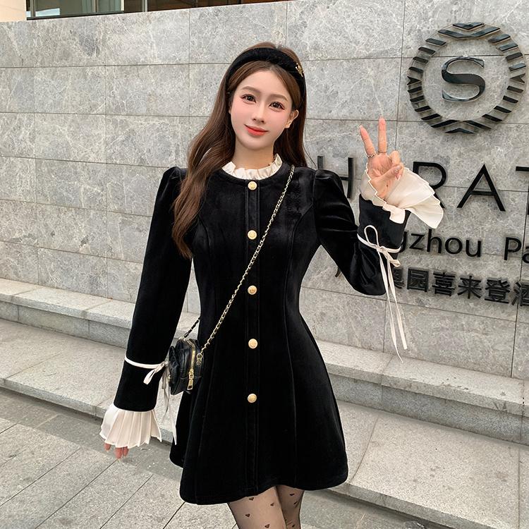 Women's Velvet Mini Dress Y2K Ruffles Patchwork O-neck Lace Up Long Sleeve French Vintage Elegant Evening Party Vestidos Mujer