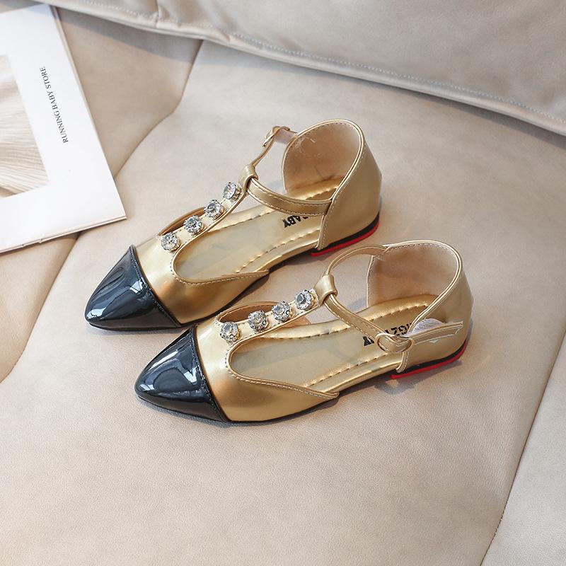 

Girls Crystal Shoes Princess Gold Black Beige Kids New Summer T-tied Holiday Shoes Birthday Party Pointed Toe Shoes I01241 26