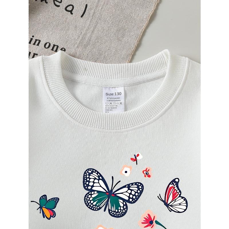 European sizes Girls Soft Crewneck Sweatshirt Colorful Butterfly & Floral Print Pattern, Casual All-Match, Ideal Holiday Present