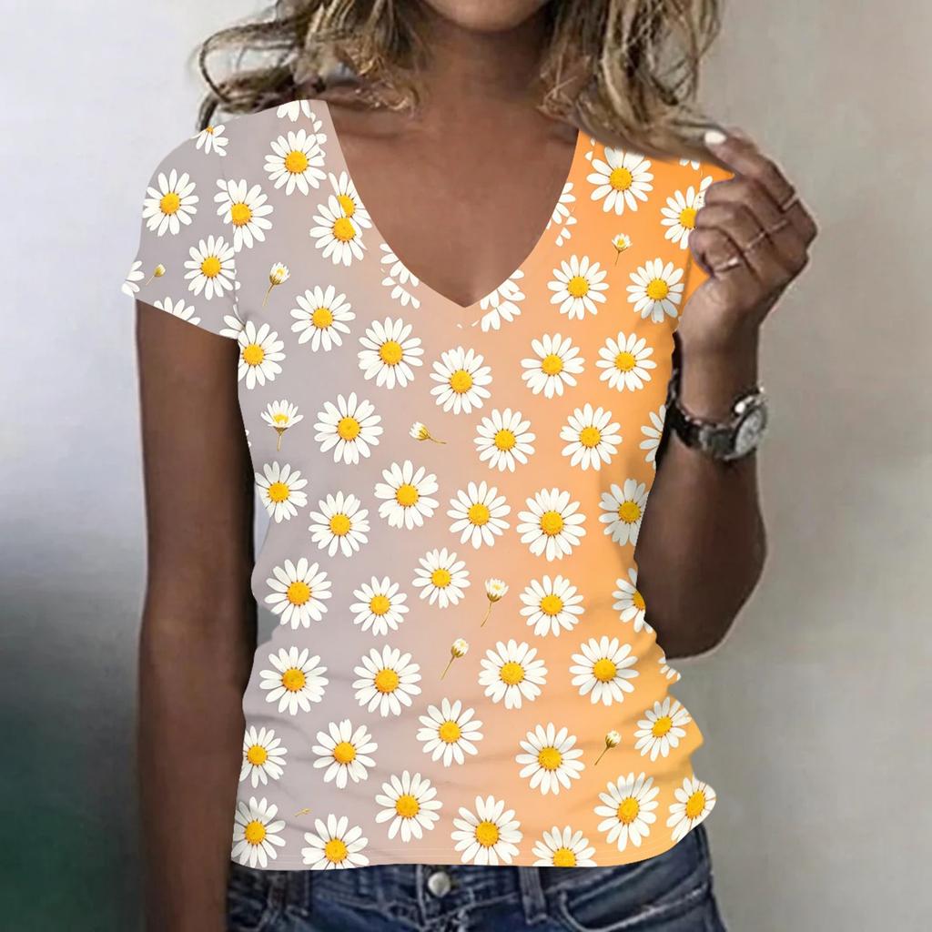 Women's Casual V Neck Short Sleeve Floral Print T Shirt Top Lightweight Breathable Summer Tee Shirt for Daily Wear