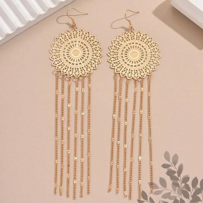 Ethnic Style Tassel Earrings with Hollow Flower Design