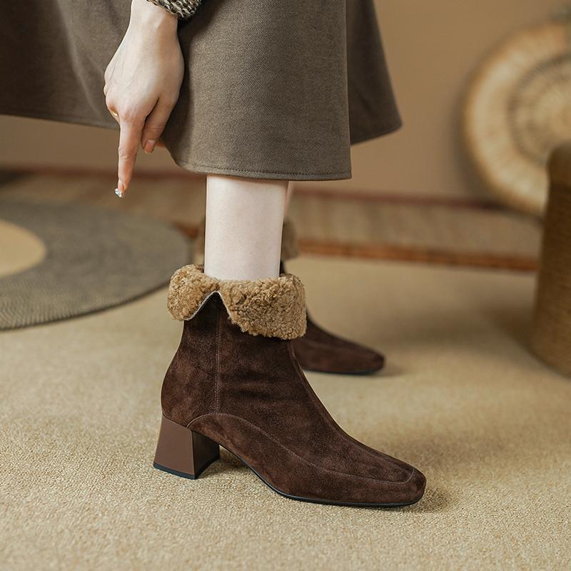 2024 New Winter Wool Warm Women Ankle Boots Genuine Leather Side Zipper Shoes Woman Square Toe Office Lady Working Short Boots