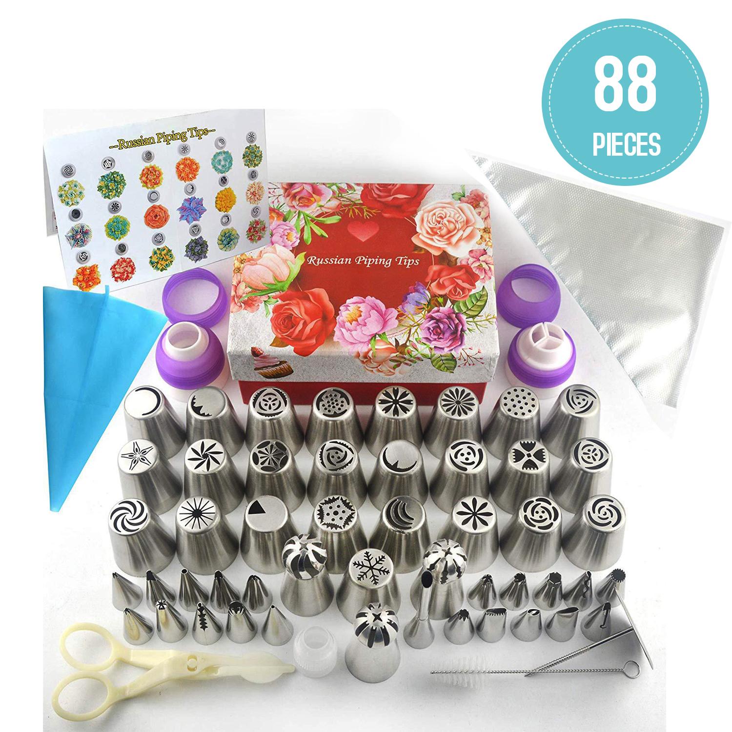 

88 Baking Supplies Set Icing Piping Tips Russian Ball Piping Tips, Bakes Flower Nozzles-Large Cupcake Decorating Kit