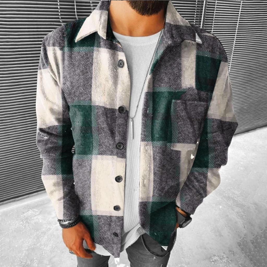 Men's Brushed Plaid Shirts Long Sleeve Flannel Lapel Button Down Pocketed Shacket Jacket Coats
