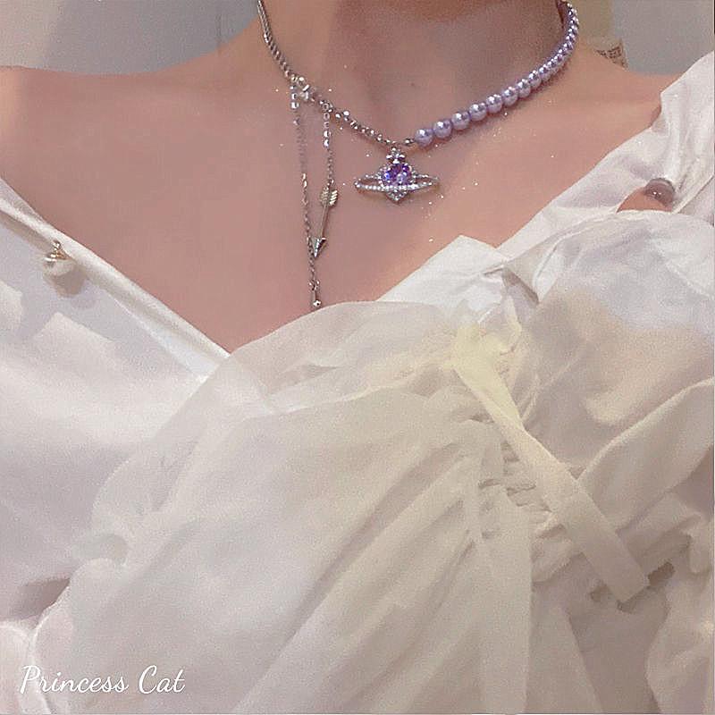 Spice Girls Sweet Cool Cosmic Opal Artificial Pearl Necklace Female Tide Double Layer Stacked Wearing Love Hip Hop Collarbone Chain