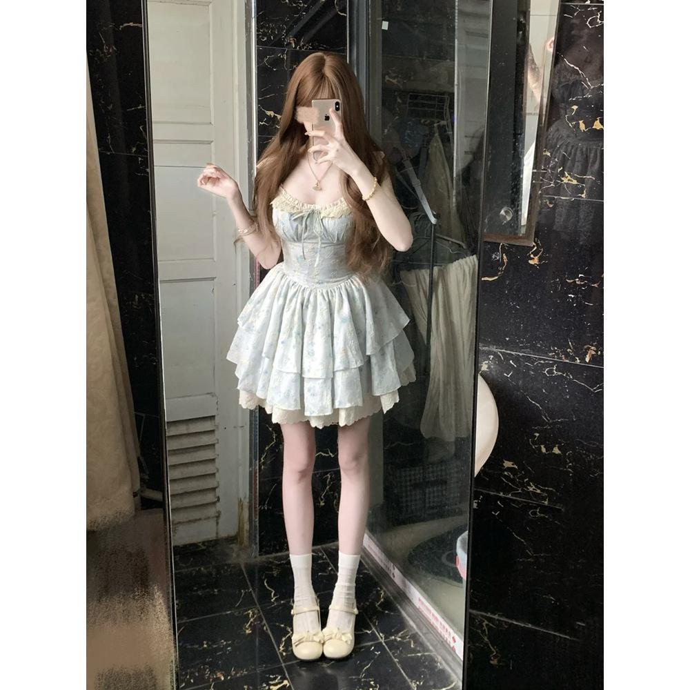 Summer first love sweet wind small flying sleeves lace splicing dress waist princess puffy short skirt floral waist
