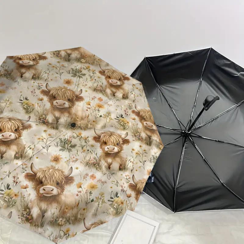 Schottische Hochlandkuh mit Blumenmuster Regenschirm - Automatisches Öffnen & Schließen, Tragbares 3-fach faltbares Design, 8-Speichen Stahlgestell, Für den Außenbereich, Festliches Geschenk für