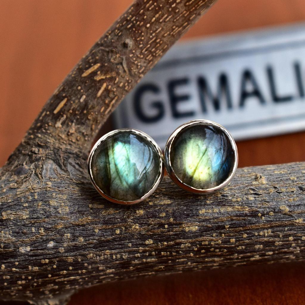 Labradorite Stud Earrings Real Crystal Jewelry, Bridesmaid Gifts , Spectrolite Round Cabochon Earrings Boho Jewelry Iridescent Rainbow