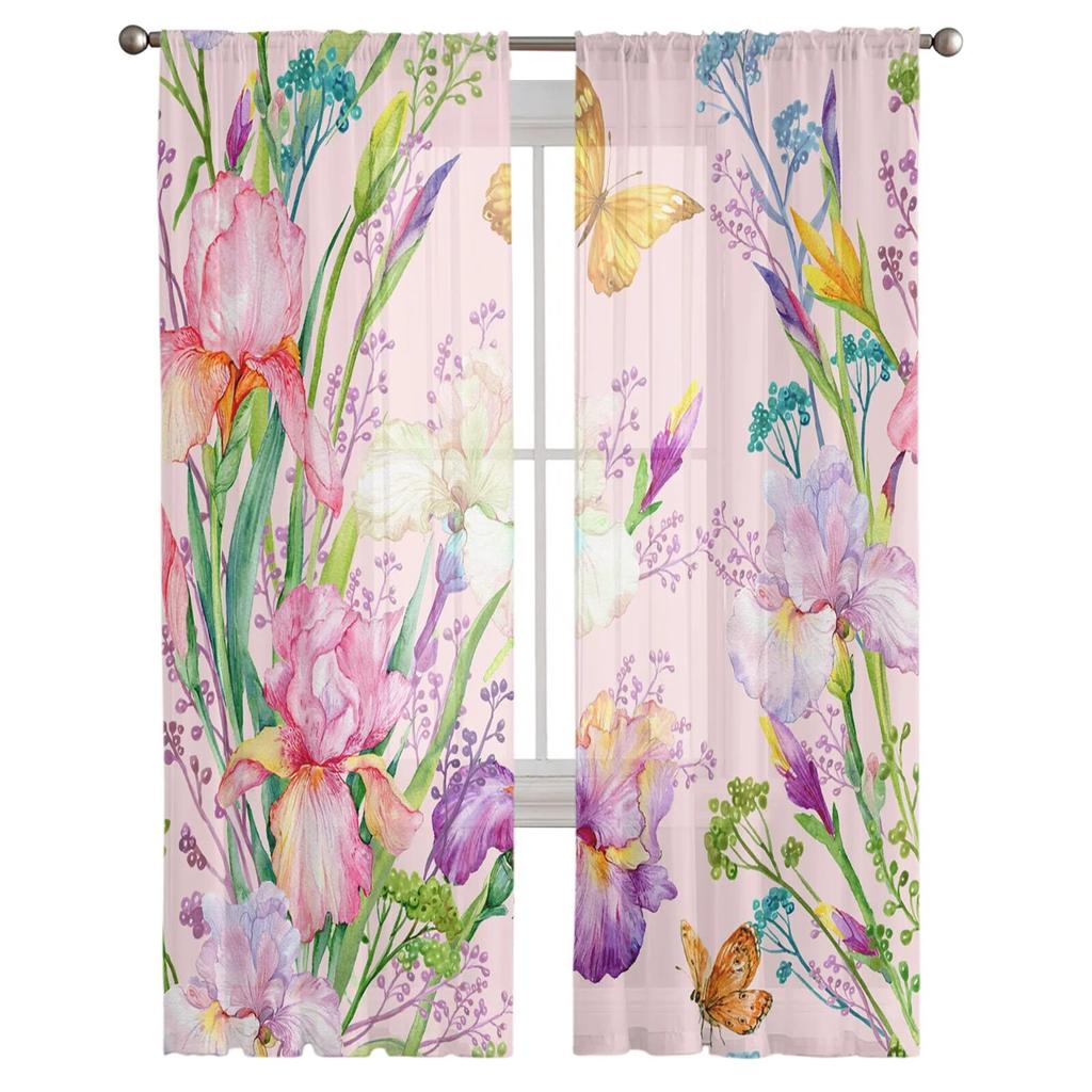 Flower Butterfly Leaf Printed Tulle Curtains Modern Sheer for Bedroom Balcony Window Decor Creative Home Fashion