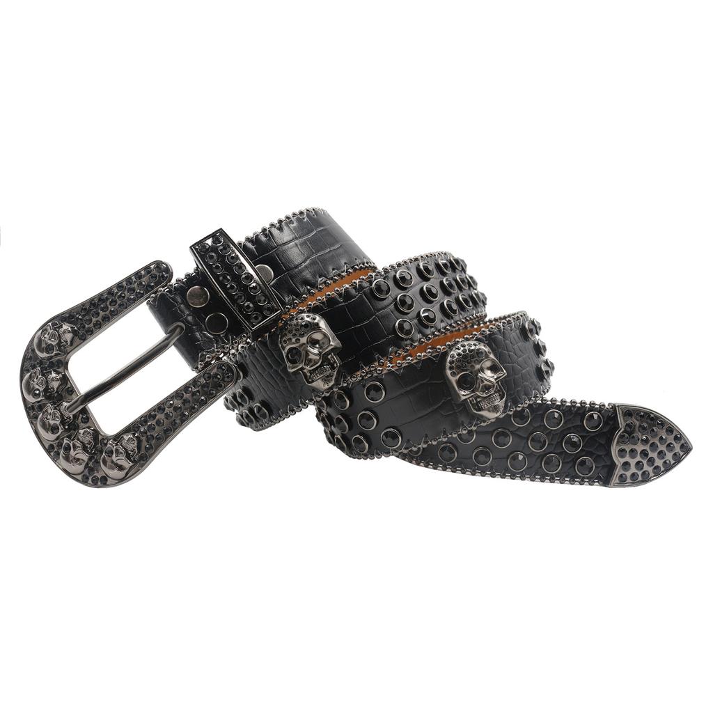 Rhinestone Belt Skull Belt Inlaid with Diamond Alloy Pin Buckle Belt Boypunk Fashion Trend Wide Belt Women