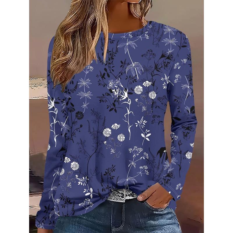 3D Flower Butterfly Pattern Printed Casual Long Sleeved Women's T-shirts - Soft Medium Stretch Polyester Fabric Spring and Autumn Relaxed Fit Clothing