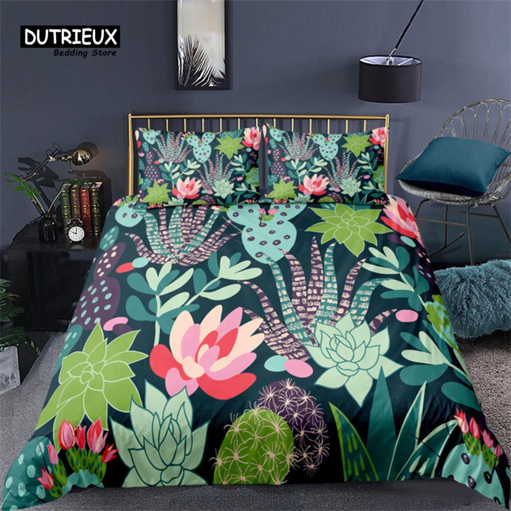 Comforter Cartoon Cactus Tropical Botany Garden Plants 3D Print Bedding Set Succulents Microfiber Comforter
