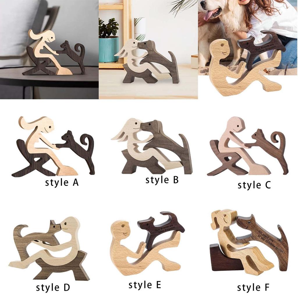 Sitting Woman and Dog Unique Gift Animal Sculptures Collection Wood Carved Collectible Figurines Tabletop Desk Shelf Decor