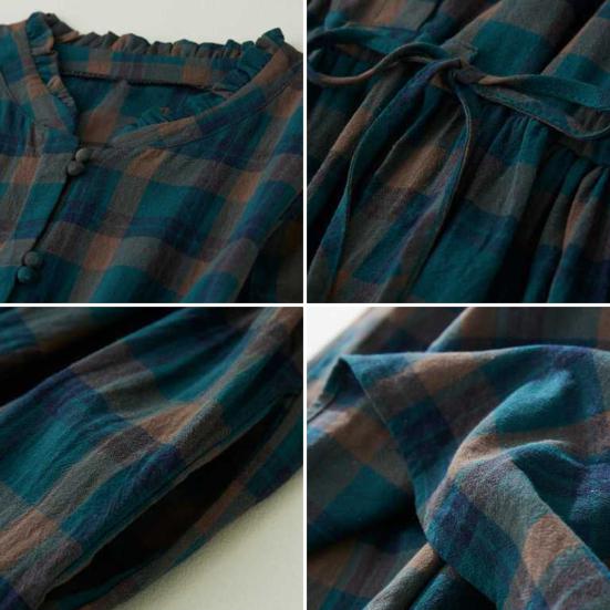 Sukienka damska z paskiem z dekoltem w serek z długim rękawem w kratę sukienka midi w stylu retro wiosna lato jesień sukienka w kształcie litery A