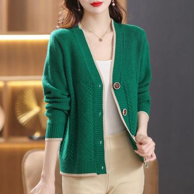V-neck Knitted Cardigan for Women, Spring Middle-aged Women's Clothing, Spring and Autumn Fashion, Temperament Rhombus Edge-bumped Long-sleeved Jacket