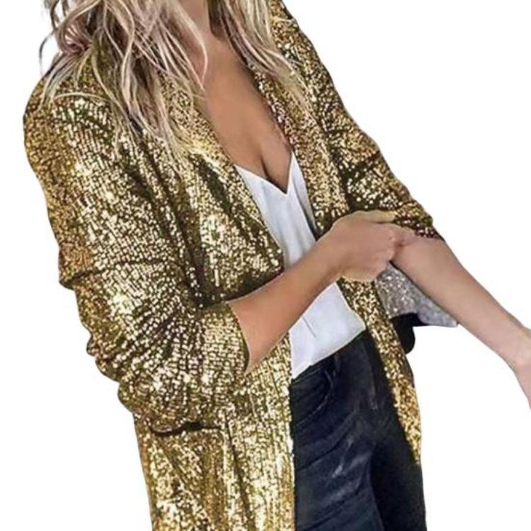 Shiny Sequins Women Casual Loose Fit Long Sleeve Cardigan Lapel Open Front Solid Color Suit Coat Clubwear Jacket
