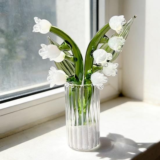 Mini Glass Lily of The Valley Flower Figurine Handmade Faux Crystal Small Flower Bouquet Collectible Ornaments for Mother's Day Birthday Valentines