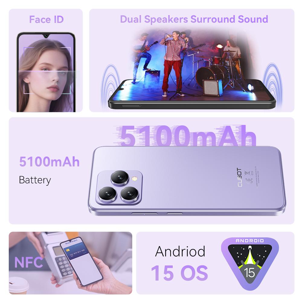 Cubot A40 Smartphone, Android 15, 4GB RAM+256GB ROM, 6,88-tommers 120Hz skjerm, åttekjernet, 48MP kamera, 5100mAh batteri, NFC, ansiktsgjenkjenning
