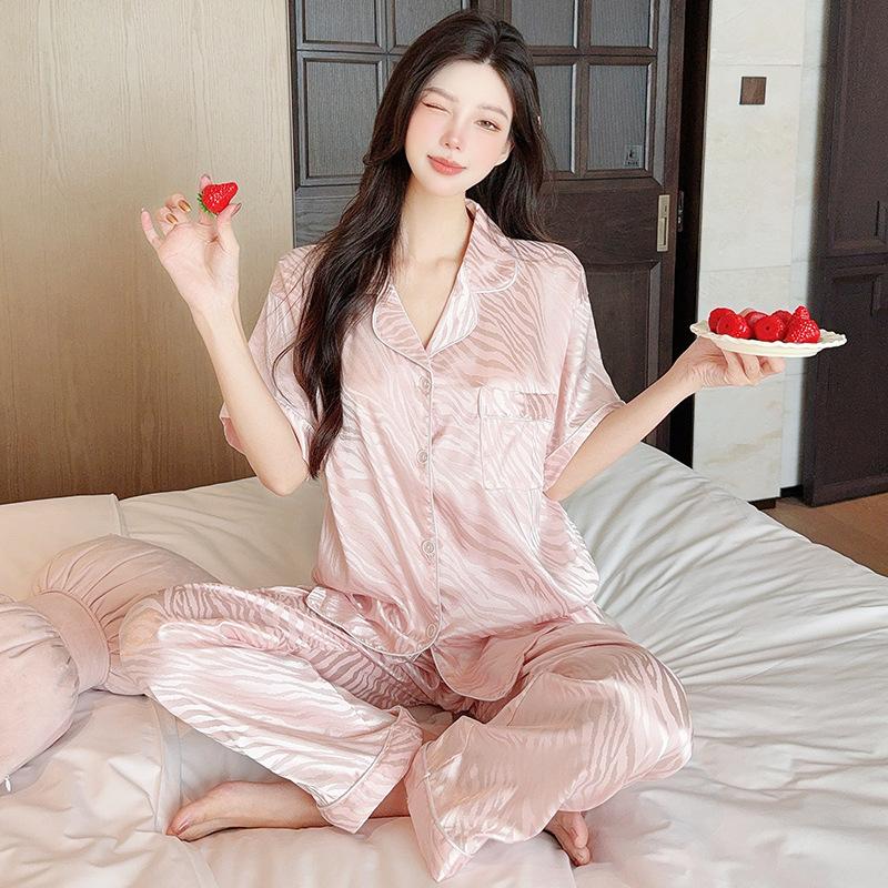 

Сладкая пижама из ледяного шелка с зебровым узором, женский комплект для дома высокого класса, повседневный, с коротким рукавом и брюками, весна-лето M