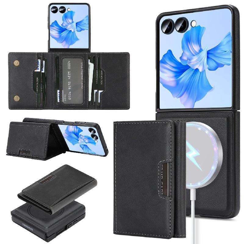 Samsung Z Flip7 Wireless Charging Phone Case with Magnetic Tri-fold Card Holder, Leather Sticker, Velvet Inner, 6-Level Protection.