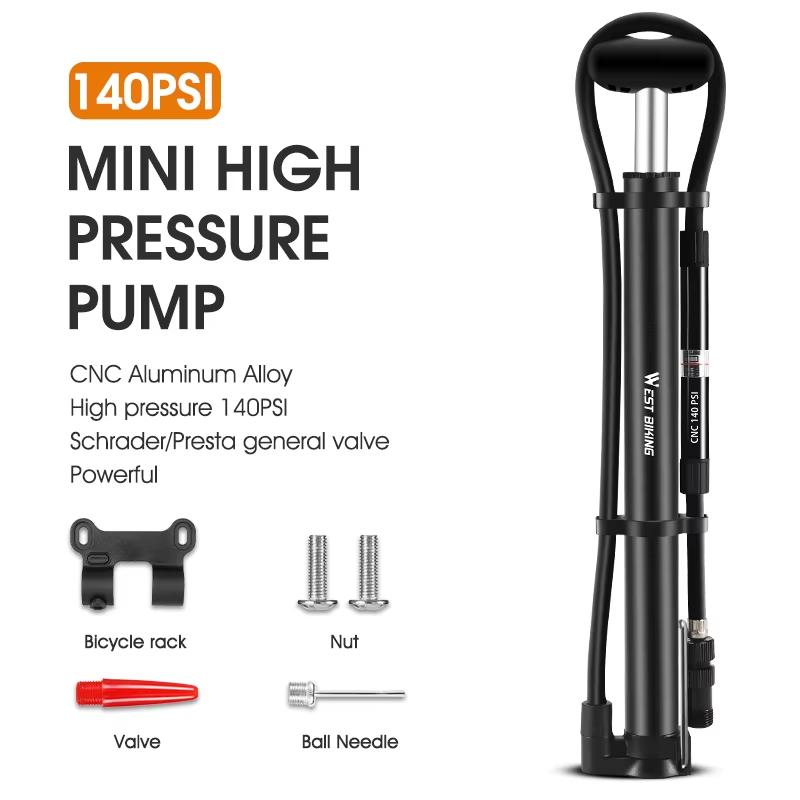 WEST BIKING 140psi High-pressure Bike Pump with Gauge for Fork Hand Cycling Tire Inflator Schrader Presta Valve Bicycle Pump