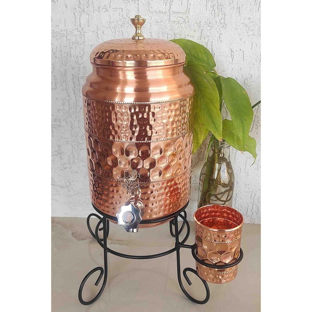 Copper Water Pot with Tap, Glass, and Stand, Diamond Hammered Design, Pure Copper for Storage and Serving Water, Ayurveda Benefits, 5 Liters