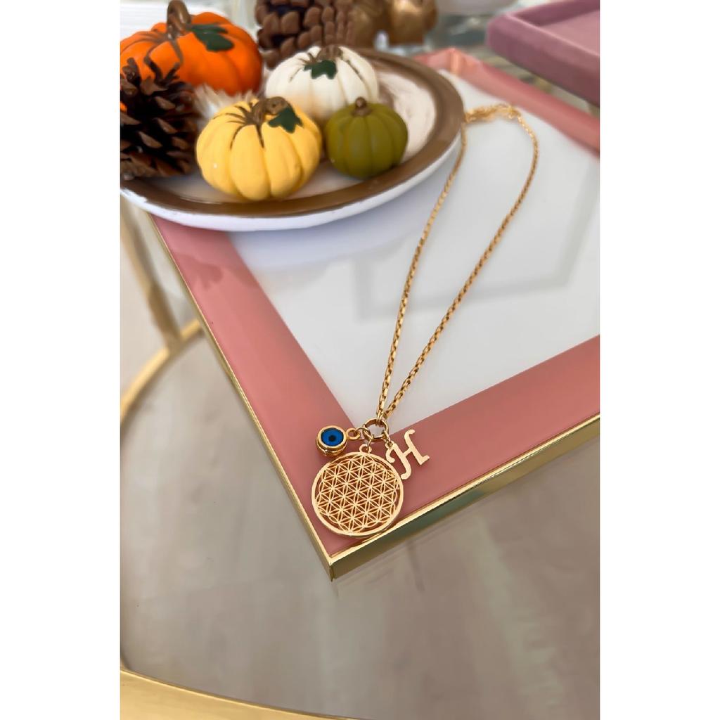 Personalized Flower Of Life Necklace With H Letter And Evil Eye Pendant