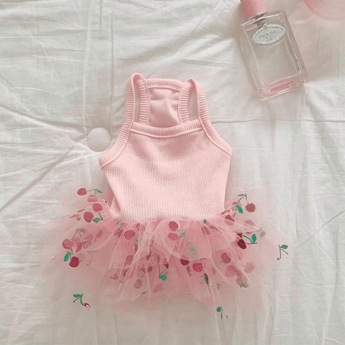 1pc Knitted Mesh Patchwork Pet Dog Princess Dress, Elegant Pink Cherry Print Camisole Dress For Small Dogs S розовый