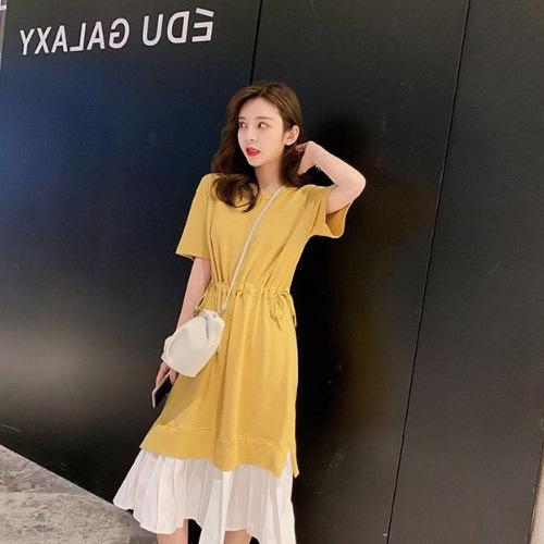 

Skirt new Korean version loose splicing fake two-piece suit skirt skirt waist medium and long knee dress large size women s clothing 3XL жовтий